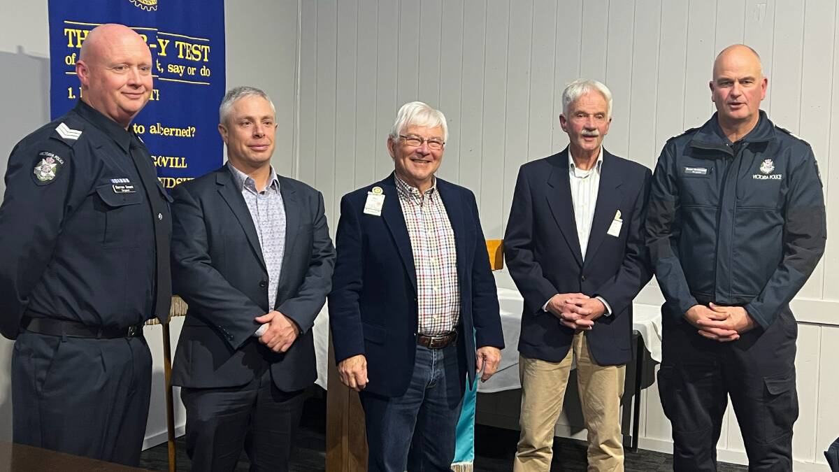 Awarded: Sergeant Darren Smart (from left), Acting Western District Health Service chief executive Nick Starkie, Warrnambool East Rotary's Bill Hewett, Warrnambool East Rotary president Cliff Heath and Sergeant Dean Greenwood at the presentation.
