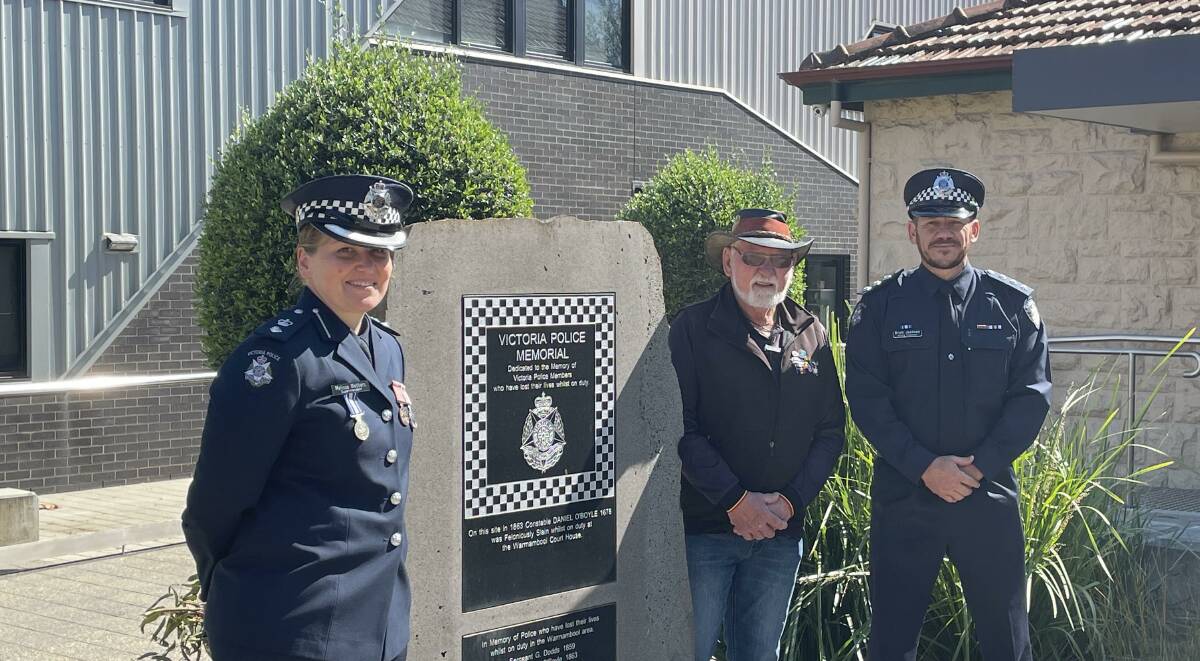 Warrnambool police Superintendent Melissa Webbers (from left), Aboriginal Elder Rob Lowe and Acting Inspector Brett Jackson at the Warrnambool Police Remembrance Service on Friday. Picture by Andrew Thomson.