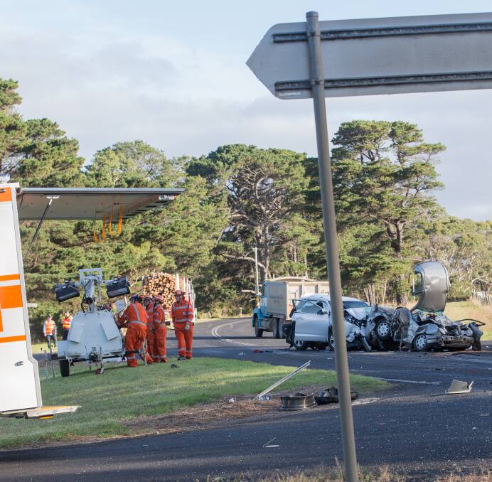 Trial: The fatal accident scene near Portland in March 2018. The Warrnambool County Court trial is listed to continue today.