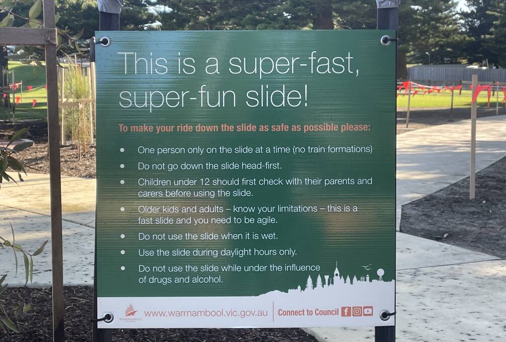 The new sign at the recently installed nine-metre slide at Lake Pertobe.