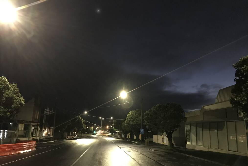 It was very dark looking north up Warrnambool's Kepler Street at 7am.
