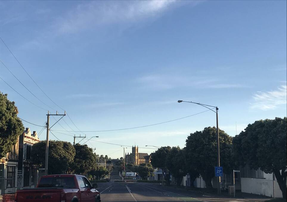 Hot ahead: Looking north up Warrnambool's Kepler Street it was all blue skies this morning. Warrnambool is expecting a top of 35 degrees.