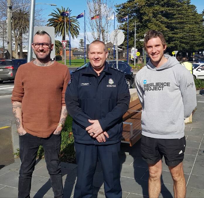 Setting goals: Warrnambool police inspector Paul Marshall (centre), Seanchai Irish Bar owner Josh O'Dowd (left) and Whalers publican Alister Porter (right).