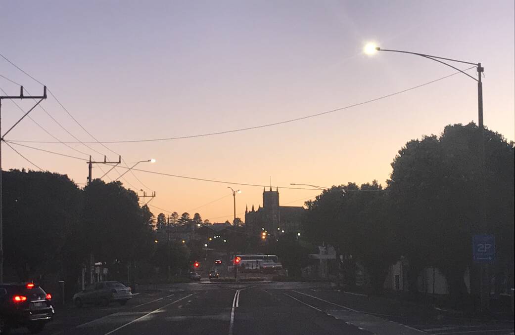 Cool start: It was clear and bright looking north in Warrnambool's Kepler Street at 7.15am, but felt like close to freezing.