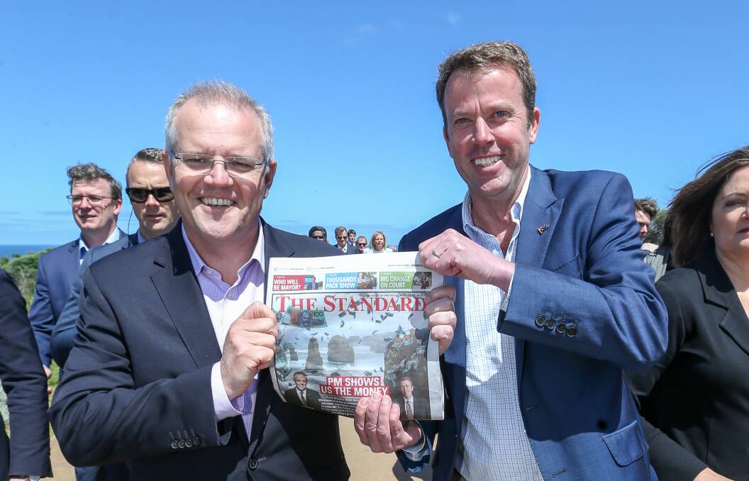 Cashed up: Prime Minister Scott Morrison and Member for Wannon Dan Tehan at the $58 million announcement last year.