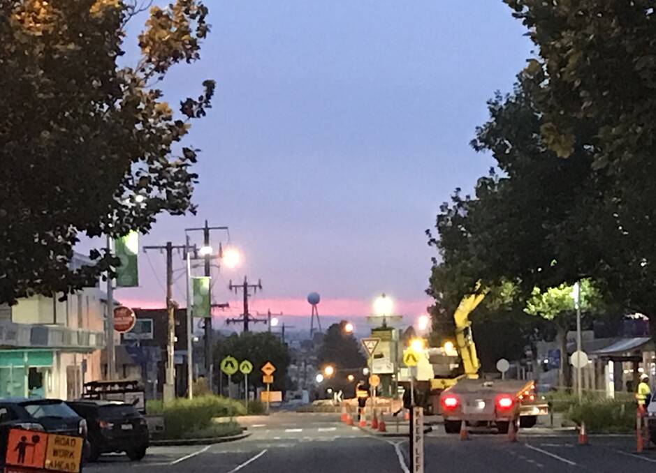 Looking east down Warrnambool's Lava Street as works are carried out on the south-west corner of the intersection at 7am this morning. Warrnambool is expecting a maximum of 22 degrees.