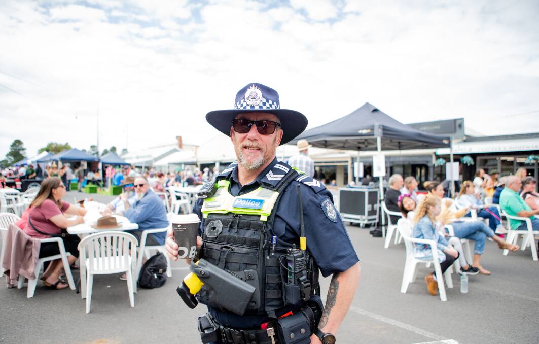 Leading senior constable Graeme Cook at the Port Fairy Folk Festival. A highly visible police presence has limited issues in the town over the folk festival long weekend. Picture: Anthony Brady