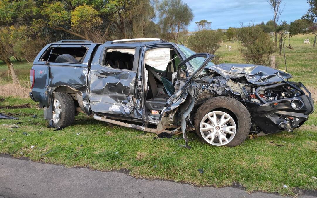 Busted: The Ford Ranger received massive front-end damage in the collision near Rosebrook on Sunday afternoon