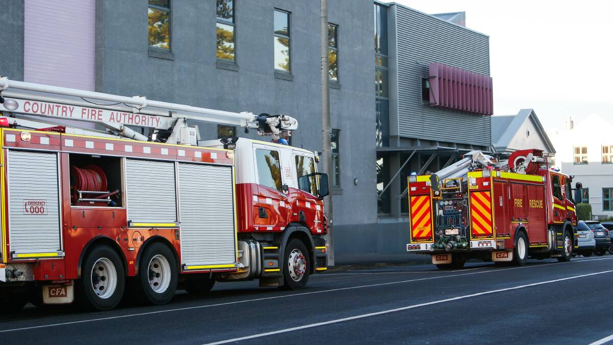 Warrnambool fire brigade members answer an alarm at South-West TAFE just before 8.30am. Picture: Anthony Brady 