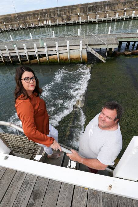 Time for action: Master mariner Rodney "Snake" Blake discusses Warrnambool harbour issues with Liberal member Roma Britnell. Mrs Britnell has backed harbour works if the coalition is returned to government. Picture: Michael Chambers