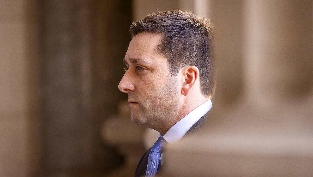 Jail time: Victorian opposition leader Matthew Guy looks during a press conference on the steps of Parliament House.