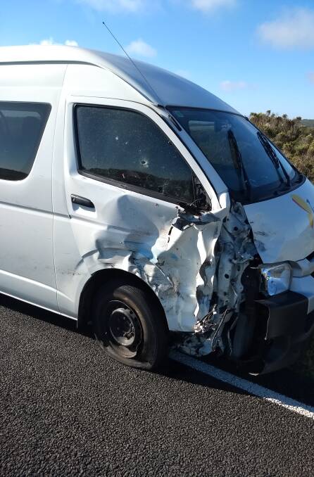 The mini-bus which crashed into a motorcyclist and pillion passenger near Port Campbell last Saturday. The man and woman remain in intensive care units. Their conditions are listed as critical.