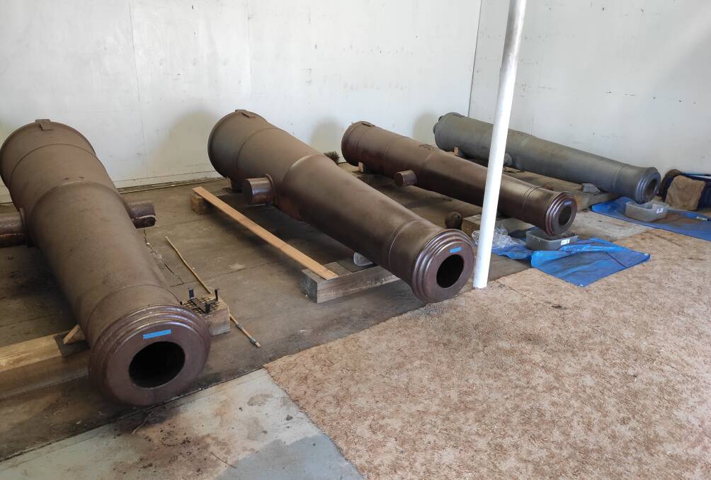 Live problem: The four cannons being cleaned on the lower level of Battery Hill at Port Fairy.