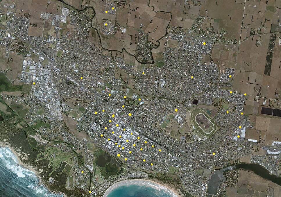 A map of Warrnambool's roundabouts. There are currently 53 in the Warrnambool City Council, including the traffic-flow aid at the front of the Allansford Hotel.
