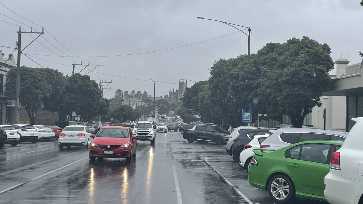 It was pouring at 12.50pm Thursday looking north up Warrnambool's Kepler Street.