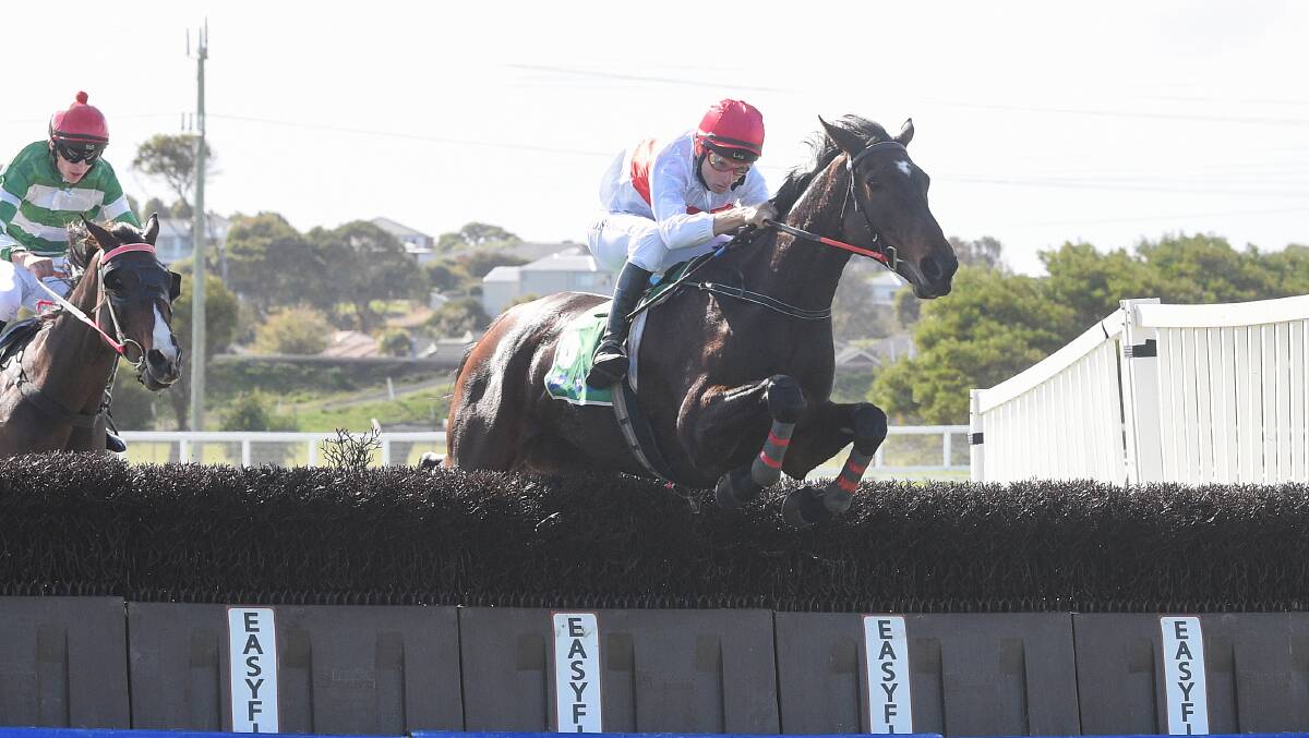 Warrnambool trained gelding Sivar, ridden by Daniel Small, jumps a steeple on the way to finishing second in the Victory Dunroe BM120 Steeplechase at Warrnambool on Wednesday. Photo by Pat Scala/Racing Photos