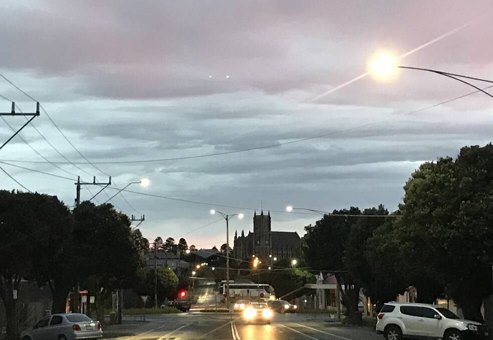 Storms ahead: Looking north up Warrnambool's Kepler Street at 7am. The south-west is expecting showers and tops around 14 degrees for the next few days.