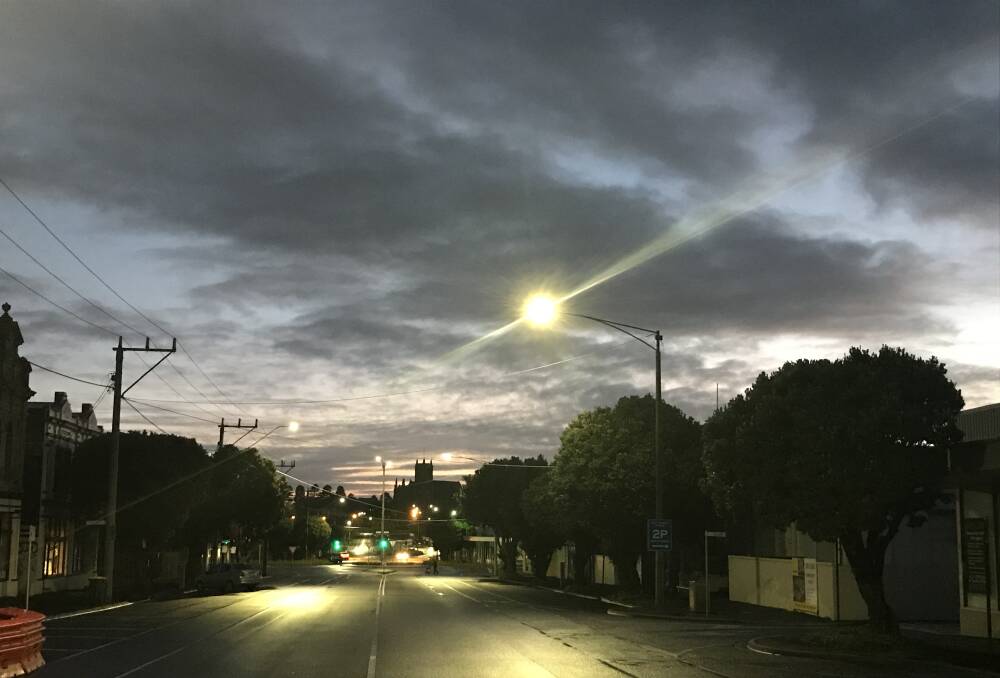 It was cloudy looking north up Warrnambool's Kepler Street at 7am.