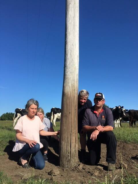 Unhappy: Jill Porter (from left), Betty Kenna, Jack Kenna and Brad Porter with one of the suspect power poles.