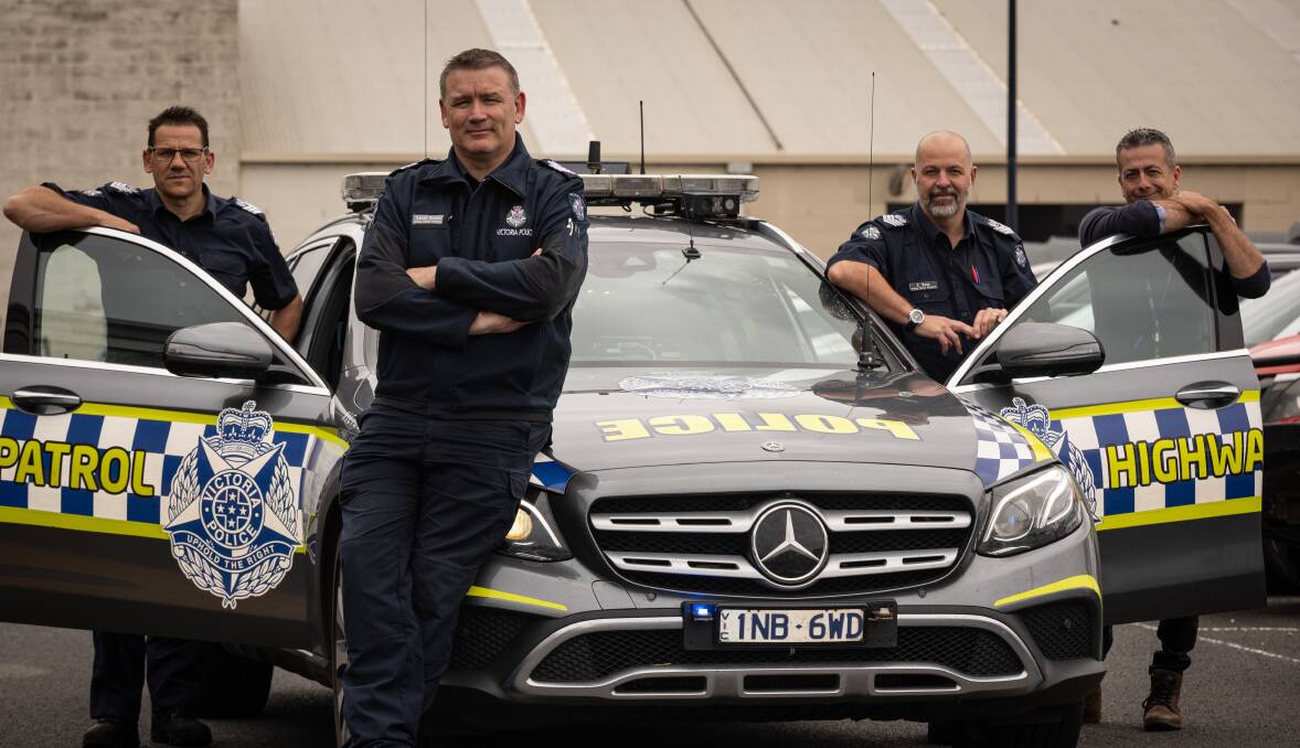 Acting Sergeant Brett Jackson (from left), Acting Senior Sergeant Danny Brown, Acting Senior Sergeant Cam Ross, and Detective Acting Sergeant Derek Verity. A police operation last weekend aimed to help drive down the road toll after a horror start to the year on south-west roads. Picture by Sean McKenna
