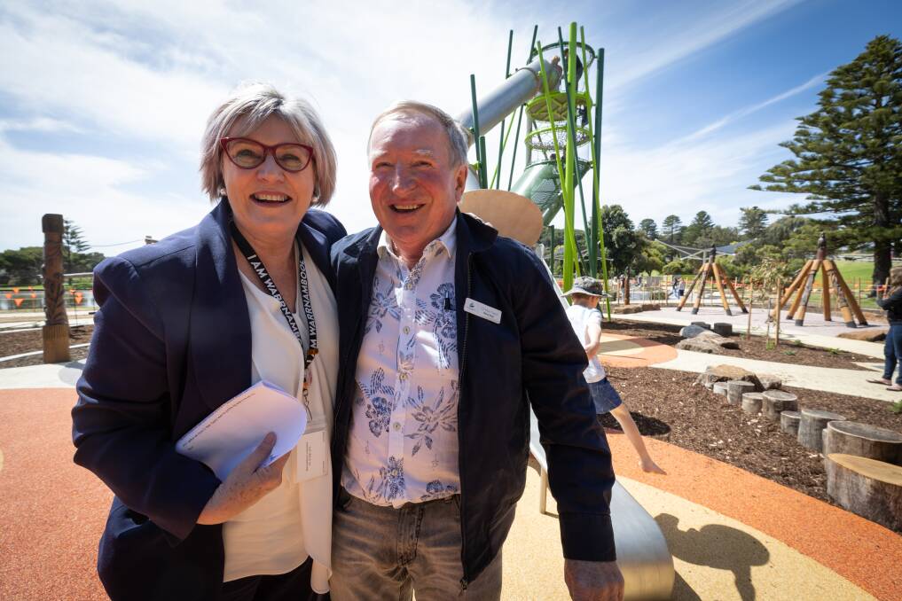 Warrnambool Mayor Debbie Arnott with deputy mayor Max Taylor after he tried the new slide on opening day. Picture by Sean McKenna.