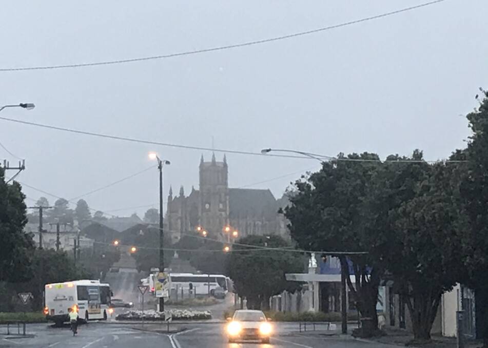 Drizzle was falling in Warrnambool at 7am. The city is expecting a top temperature of 20 degrees today.