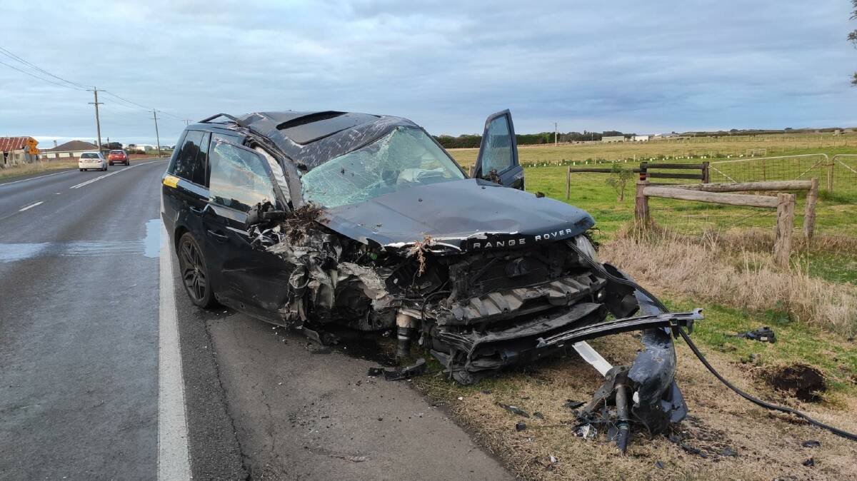 Lucky escape: The Range Rover collided with another vehicle head-on at Rosebrook Sunday afternoon, flipped onto its roof and then returned to its wheels. None of the four people invoelved in the collision were seriously injured.
