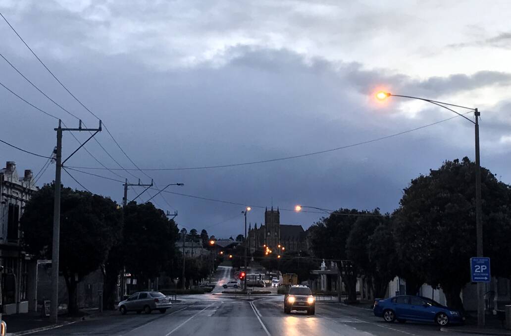 The calm before the storm: Looking north up Warrnambool's Kepler Street at 7.15am. It's going to get a bit cool for the next four days.