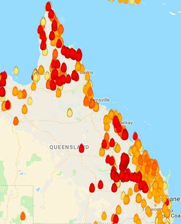 Burning: Fire map of Queensland on Wednesday.