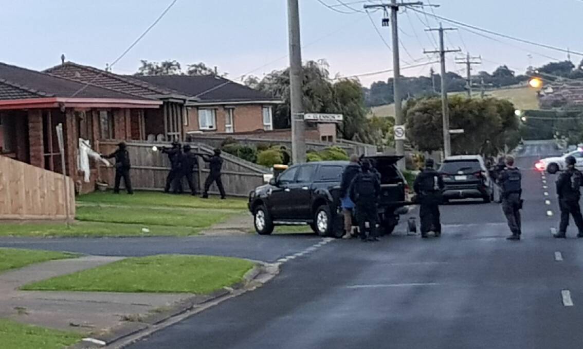 Stunning scene: Police about to enter Tim Devey's Garden Street Warrnambool unit in early December, 2018. He has been sentenced to seven years and six months' imprisonment for manslaughter.