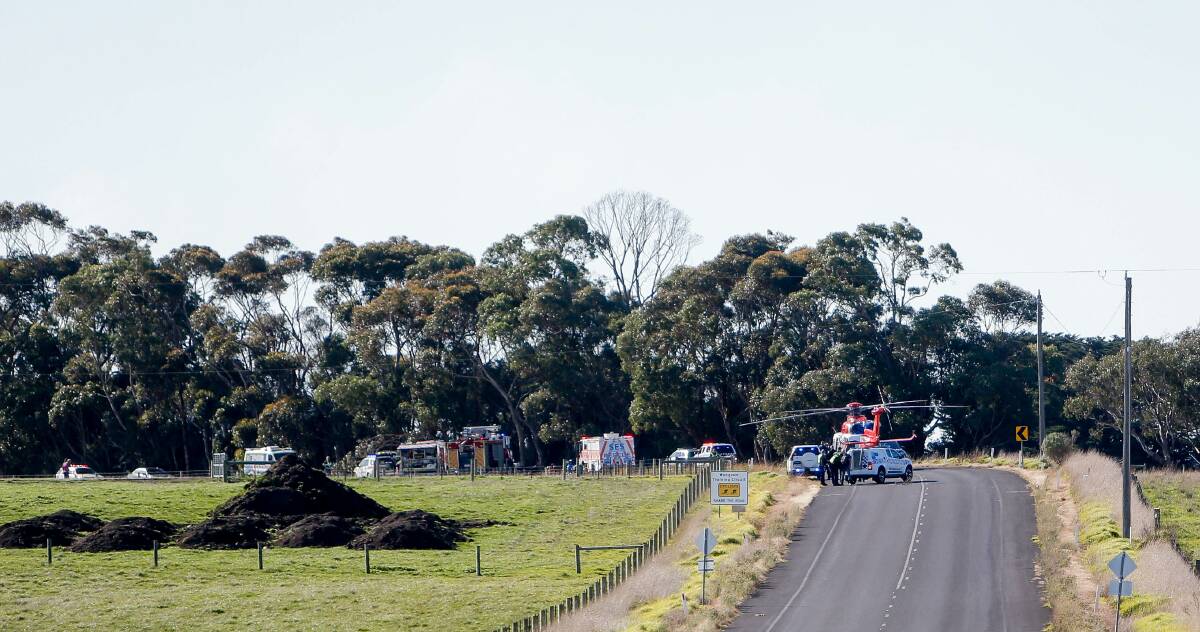 Emergency: The accident scene just south of the Wangoom recreation reserve. The emergency helicopter has landed.