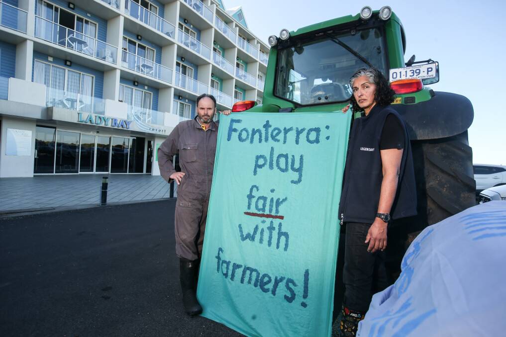 FONTERRA PROTEST: Crossley dairy farmers Brian Schuler and Karinjeet Singh-Mahil protesting outside the Fonterra supplier meeting, at the Lady Bay Hotel, Warrnambool.