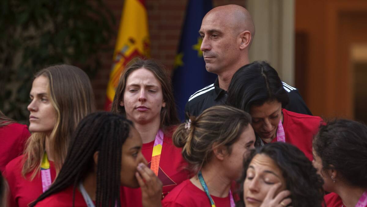 Luis Rubiales stands with Spain's Women's World Cup soccer team after celebrations in Madrid last week. Picture AAP