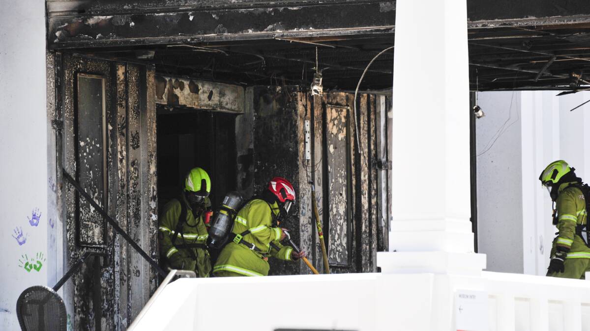 Police are investigating the cause of a fire at the entrance to Old Parliament House in Canberra. Picture: Dion Georgopoulos