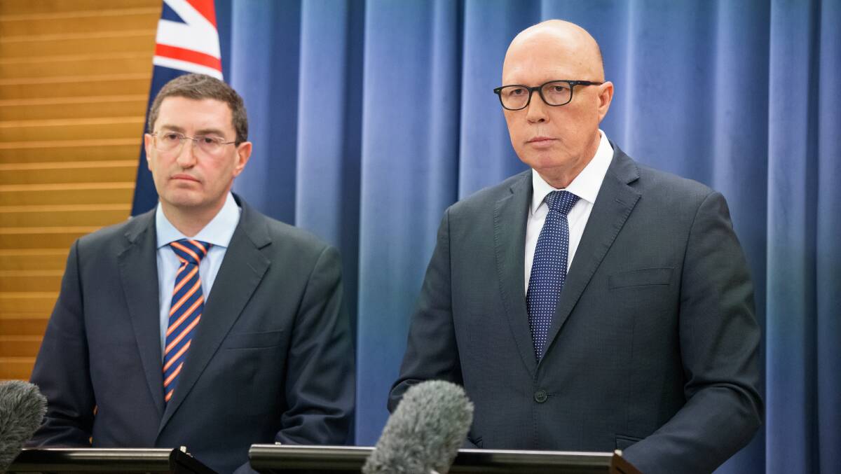 Shadow minister for Indigenous Australians Julian Leeser and Opposition Leader Peter Dutton. Picture by Sitthixay Ditthavong