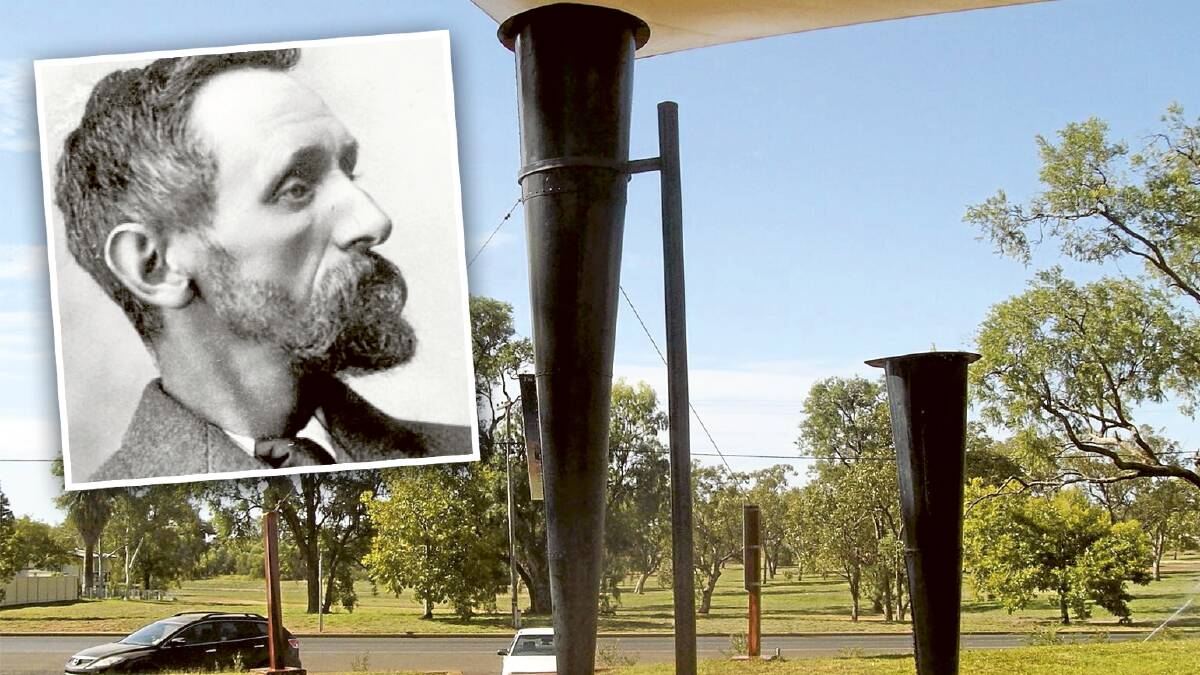 The vortex rainmaking guns in Charleville, and Clement Wragge inset. Pictures supplied