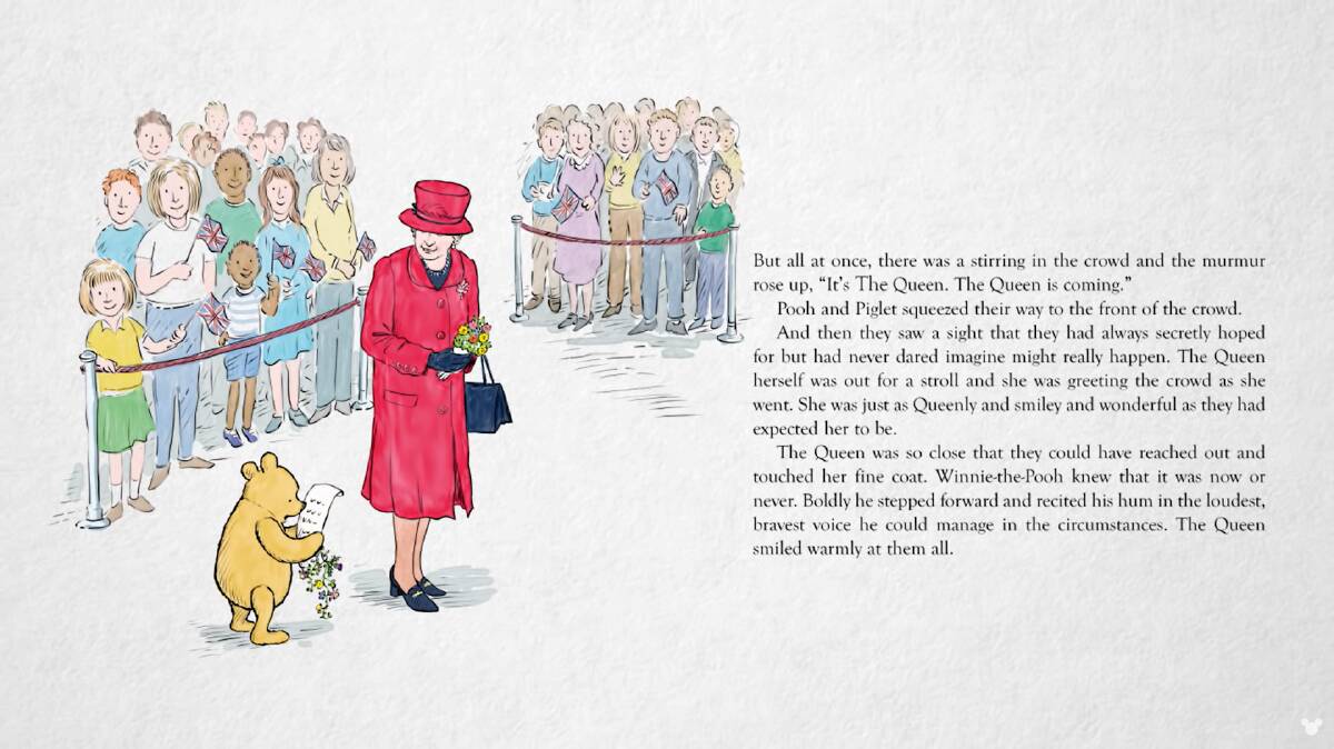 Winnie the Pooh and Queen Elizabeth II meet at Buckingham Palace for their 90th birthdays.