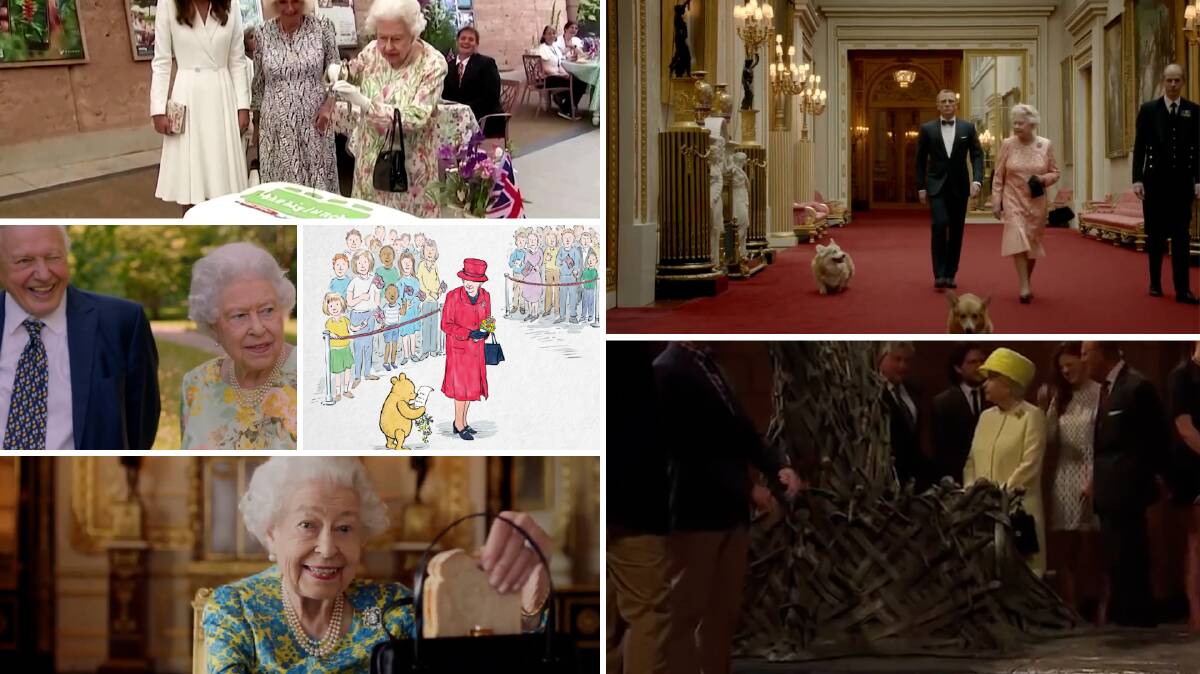 Cutting a cake with a sword in 2021 (top left), marvelling over a useless sundial with Sir David Attenborough in 2018 (middle left), sharing her 90th birthday with Winnie the Pooh in 2016 (middle right), taking tea with Paddington Bear at Buckingham Palace in 2021 (bottom left), en route to skydive with James Bond in 2012 (top right), and eyeing off the Iron Throne in 2014.
