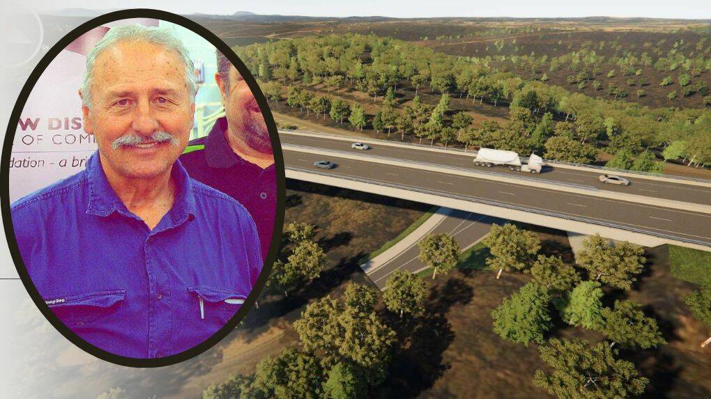 Artist's impression of the twin bridges over Explorers Road at Katoomba (subject to final design) and (inset) President of the Hartley District Progress Association, Renzo Benedet. Picture from Transport for NSW