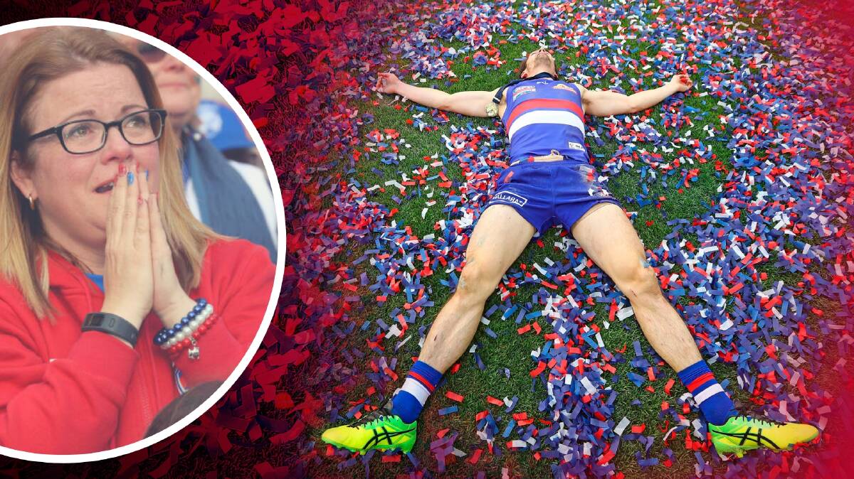 The emotion and the relief: Post 2016 AFL grand finals reactions from an unnamed fan and Western Bulldogs' star Easton Woods. Photos: Scott Barbour, Justin McManus 