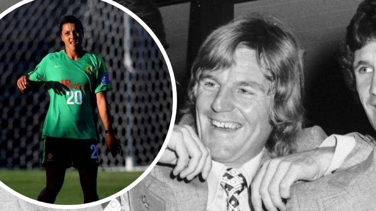 Australian skippers: The Matildas' 2019 captain Sam Kerr (left) and the Socceroos' 1974 captain Peter Wilson.