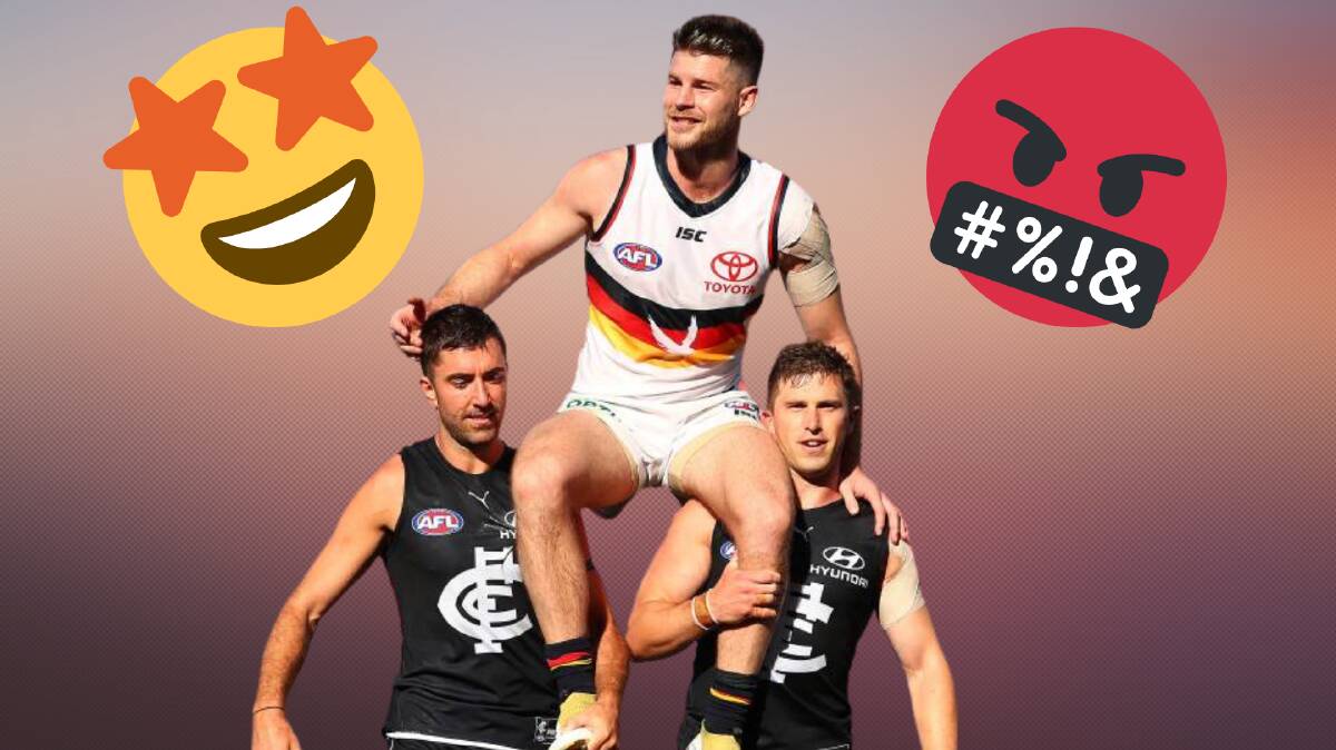 Carlton's Kade Simpson and Marc Murphy carry Adelaide's Bryce Gibbs off the ground after his final AFL game on Sunday. Not everyone loved it. Photo: Getty Images 