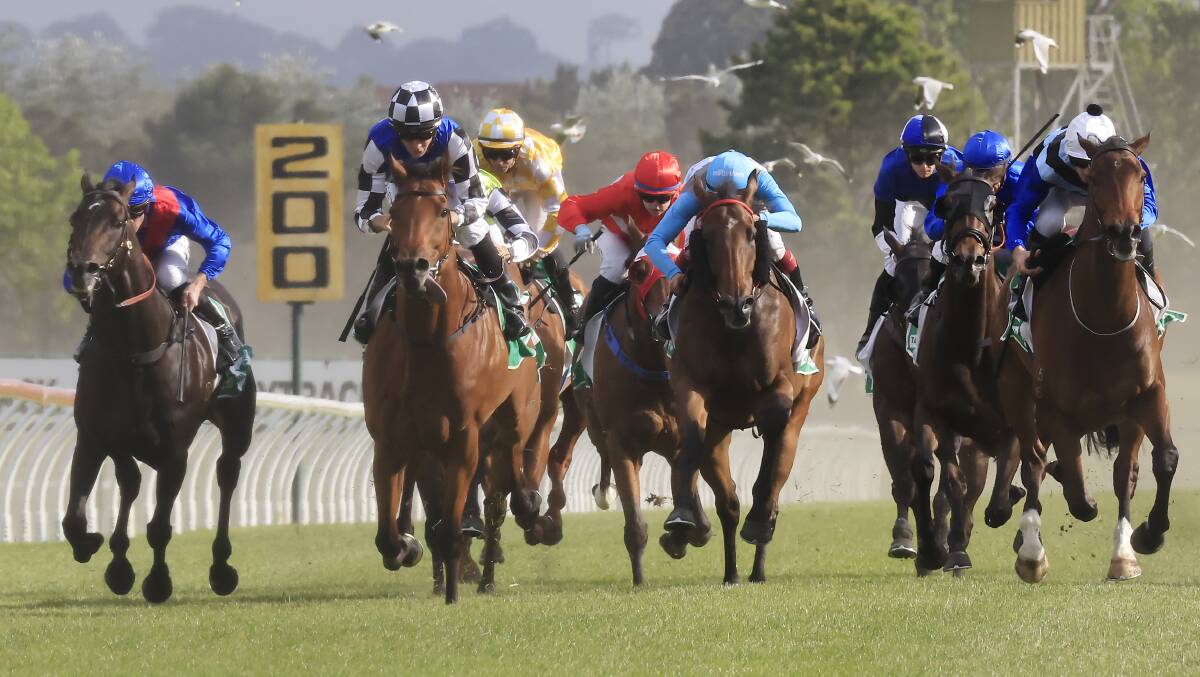 Nugget (second from left, black chequered silks) races to a dominant victory at Kembla Grange. Picture Getty Images