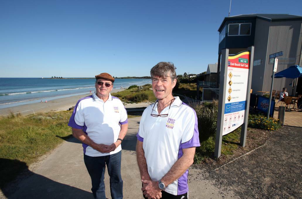 PAINFUL ORDEAL: Port Fairy Surf Life Saving Club's Paul Buchanan (right) with Ian Powell. Mr Buchanan received a sting from a stingray at East Beach this month. 