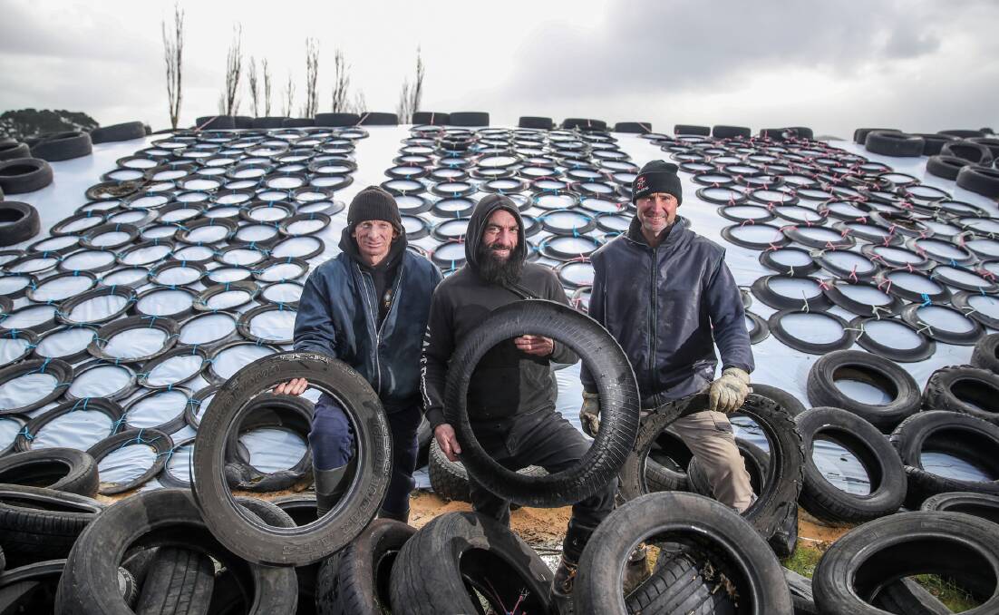 NEW TECHNOLOGY: Glenn Russell, Pete Singleton and Simon Rea hold the cut tyres used to hold down silage tarps. Picture: Morgan Hancock