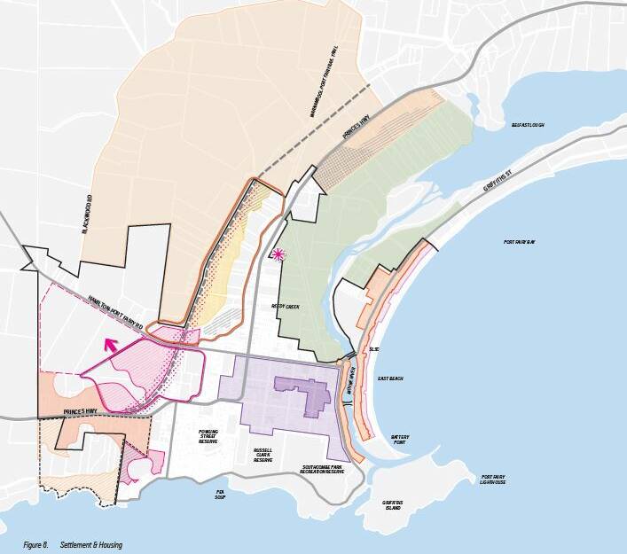The Port Fairy Structure Plan shows two areas outlined in orange and pink where rural land could make way for 589 lots. A grey dotted line shows where the Princes Highway could be rerouted. 