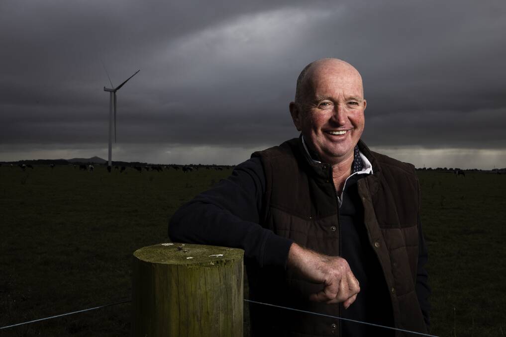 CHANGING WIND: Kolora dairy farmer Bernie Conheady hosts turbines from the Mortlake South Wind Farm on his property. Picture: Nicole Cleary
