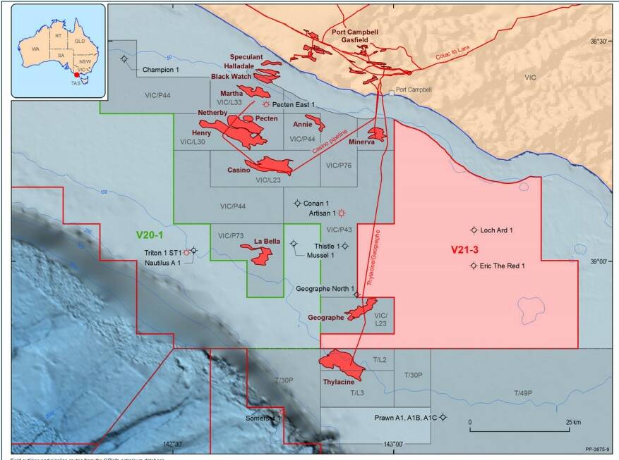 One exploration area of 1718 square kilometres is east of three existing gas wells. 