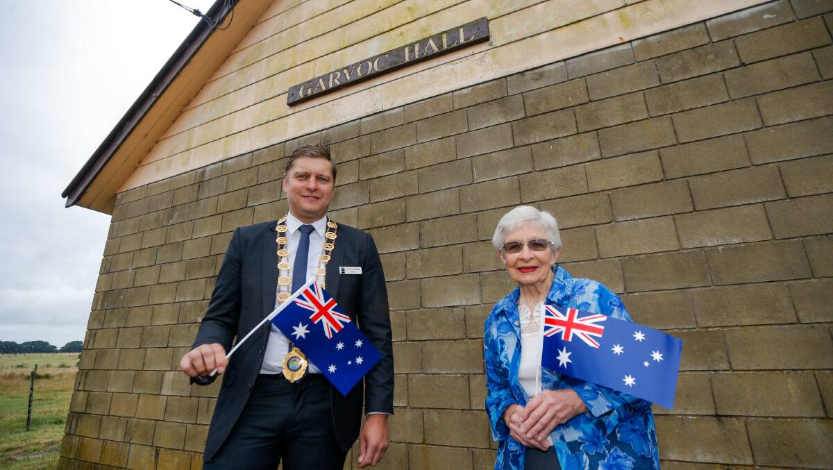 Moyne Shire mayor Daniel Meade with Garvoc's Bev Moore, who won the shire's citizen of the year award for 2021. Picture: Anthony Brady