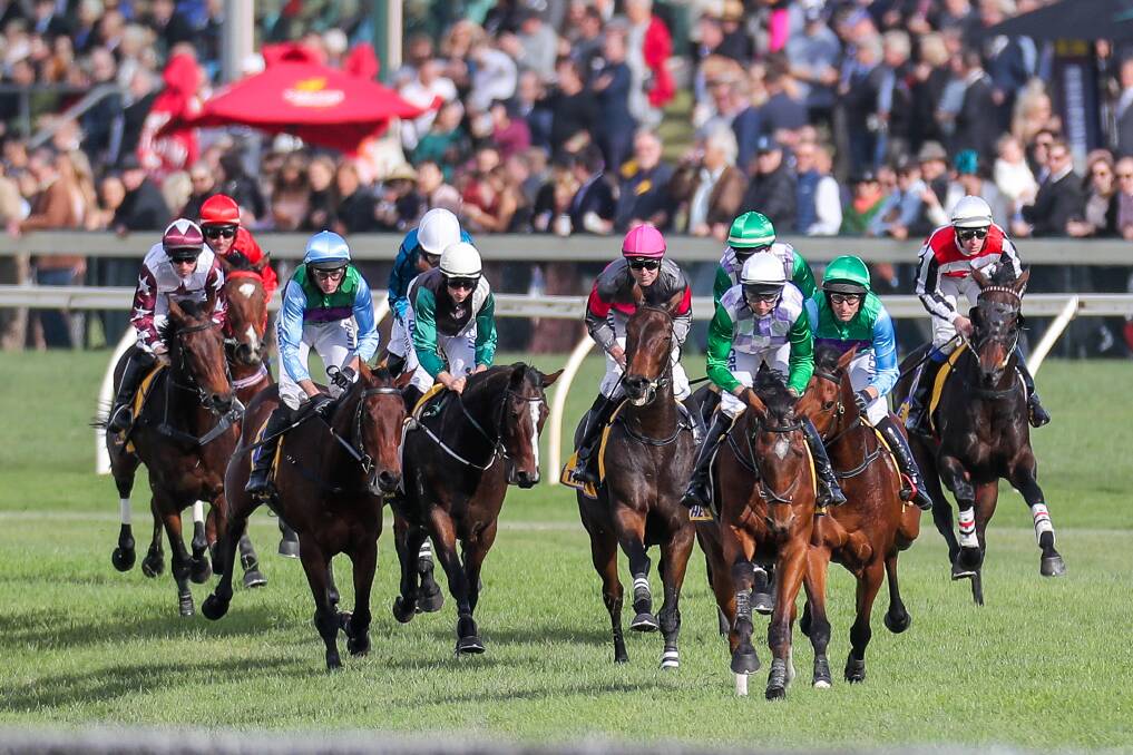Horses battle for position on the opening lap of the Grand Annual Steeplechase at last year's event. Picture: Morgan Hancock
